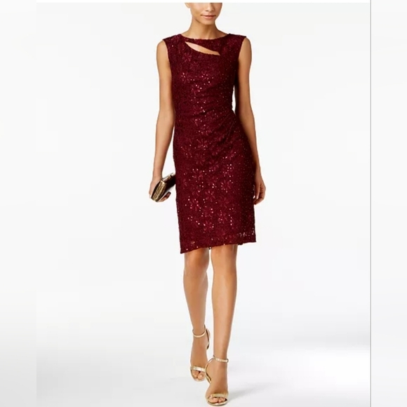 Connected Apparel Bordeaux Sequin Lace Sleeveless Sheath Dress 12 - Picture 1 of 8